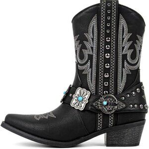 Women's Black Ankle High Embroidery Pointed Toe Cowgirl Boots Rodeo Country